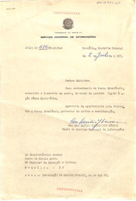Aviso confidencial nº 015/67-SI/Gab, do Gen. Div. Emílio Garrastazu Médici, Chefe do SNI