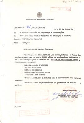 Ofício confidencial nº 831/DSI/SI/MEC/69, de Waldemar Raul Turola, Diretor da DSIMEC
