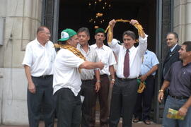 Governador Germano Rigotto e chefe da Casa Civil Alberto Oliveira recebem o presidente da Federação dos Trabalhadores na Agricultura no Rio Grande do Sul (FETAG-RS). Autor: Ivan de Andrade