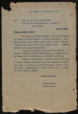 Carta a Luiz Betim Paes Leme, Diretor da CEFMSJ, de Fernando Pereira, diretor geral da Viação Férrea. Assunto: preço do carvão nacional