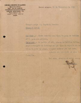 Carta para o Dr. Baptista Pereira informando sobre faturas e pedindo informações sobre determinado material.