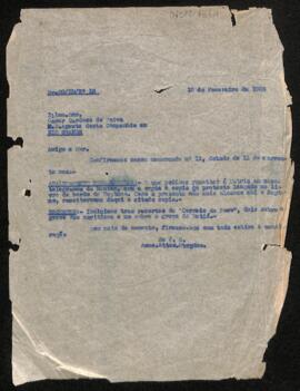 Carta a Oscar Cardoso de Paiva, agente da companhia. Assunto: informa telegrama sobre abalroamento vega capella e recortes do correios do povo sobre greve dos marítimos e em Butiá.