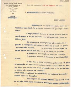 Carta à Superintendência que justifica os entraves da produção por falta de pagamento aos trabalhadores e consequente "má vontade" dos mesmos