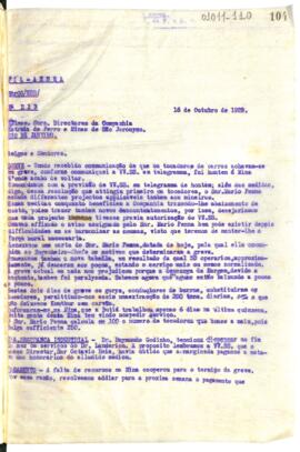 Carta aos diretores da CEFMSJ no Rio de Janeiro. Assuntos diversos: greve dos tocadores de carro, aquisição de material, mapas, etc...